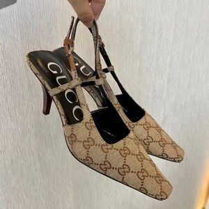 Gucci Beige Brown Monogram Slingback Heels